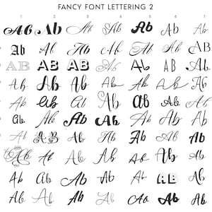 May include: A chart of different ways to write the letters "A" and "B" in a fancy font. The letters are arranged in rows and columns, with each row representing a different letter style. The chart is labeled "Fancy Font Lettering 2".