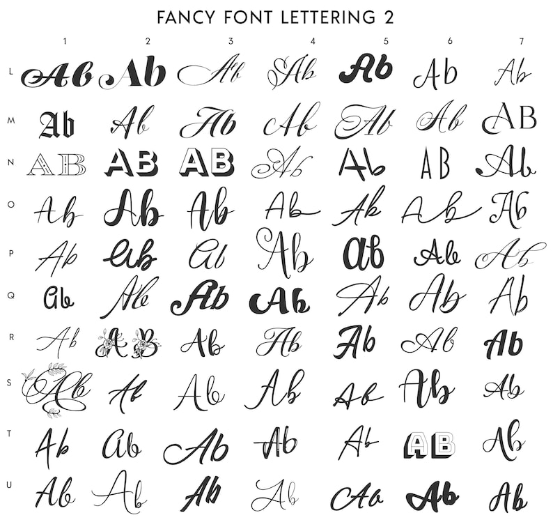 May include: A chart of different ways to write the letters "A" and "B" in a fancy font. The letters are arranged in rows and columns, with each row representing a different letter style. The chart is labeled "Fancy Font Lettering 2".