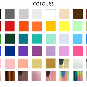 May include: A colour chart with 36 different colours, including black, white, grey, red, orange, yellow, green, blue, purple, pink, brown, and beige. The colours are arranged in a grid pattern.
