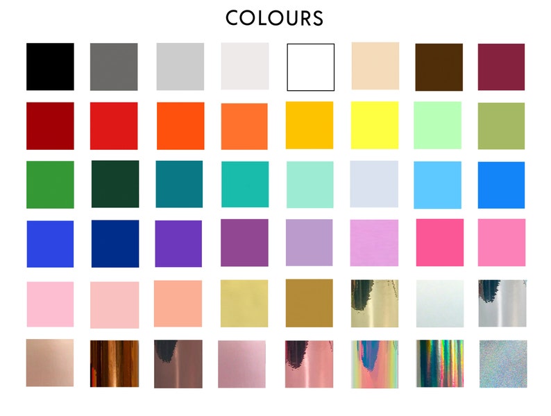May include: A colour chart with 36 different colours, including black, white, grey, red, orange, yellow, green, blue, purple, pink, brown, and beige. The colours are arranged in a grid pattern.
