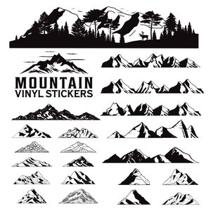 Op de afbeelding: Een set van 20 zwart-witte vinyl stickers met berg silhouetten. De stickers tonen verschillende bergketens en toppen. De tekst "Mountain Vinyl Stickers" is in de afbeelding opgenomen.