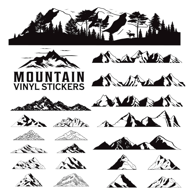Op de afbeelding: Een set van 20 zwart-witte vinyl stickers met berg silhouetten. De stickers tonen verschillende bergketens en toppen. De tekst "Mountain Vinyl Stickers" is in de afbeelding opgenomen.