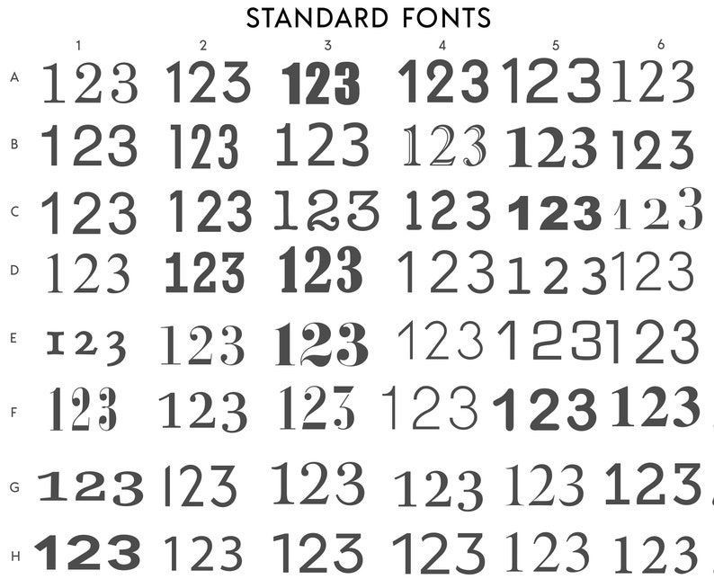 May include: A chart showing different font styles for the numbers 123. The fonts are labeled A through H and 1 through 6. The fonts are all in black and white.