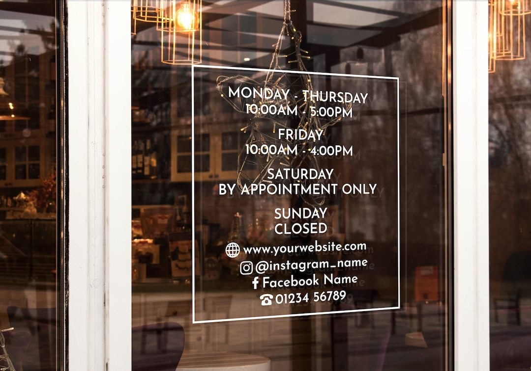 Window Sticker Opening Store Custom Vinyl Opening Times Decal for Business With Logo Personalised ...