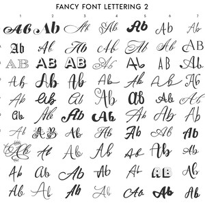 May include: A chart of different font styles for the letters "A" and "B". The letters are arranged in rows and columns, with each row representing a different font style. The chart is labelled "Fancy Font Lettering 2".