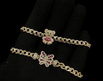 14K 7.5” Teddy Bear and Butterfly Bracelet