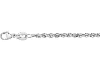 May include: A silver rope chain necklace with a lobster clasp. The chain is made of twisted metal links, creating a rope-like texture. The necklace is displayed against a white background.
