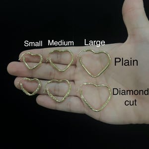 REAL 14K Yellow Gold Heart Hoops diamond cut or plain polished small medium large for women/ladies and kids