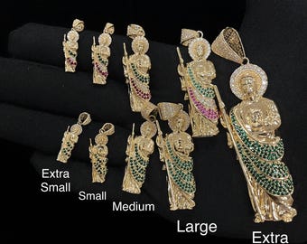 Real 14K Gold St. Jude Pendant in green pink white stones, St. Jude in real 14K Gold Charm
