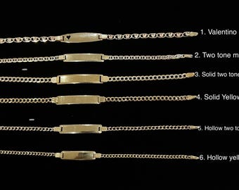 REAL 14k Gold Baby ID bracelet 6", Assorted Variety designs including yellow and two tone curb in solid and hollow, valentino, and mariner