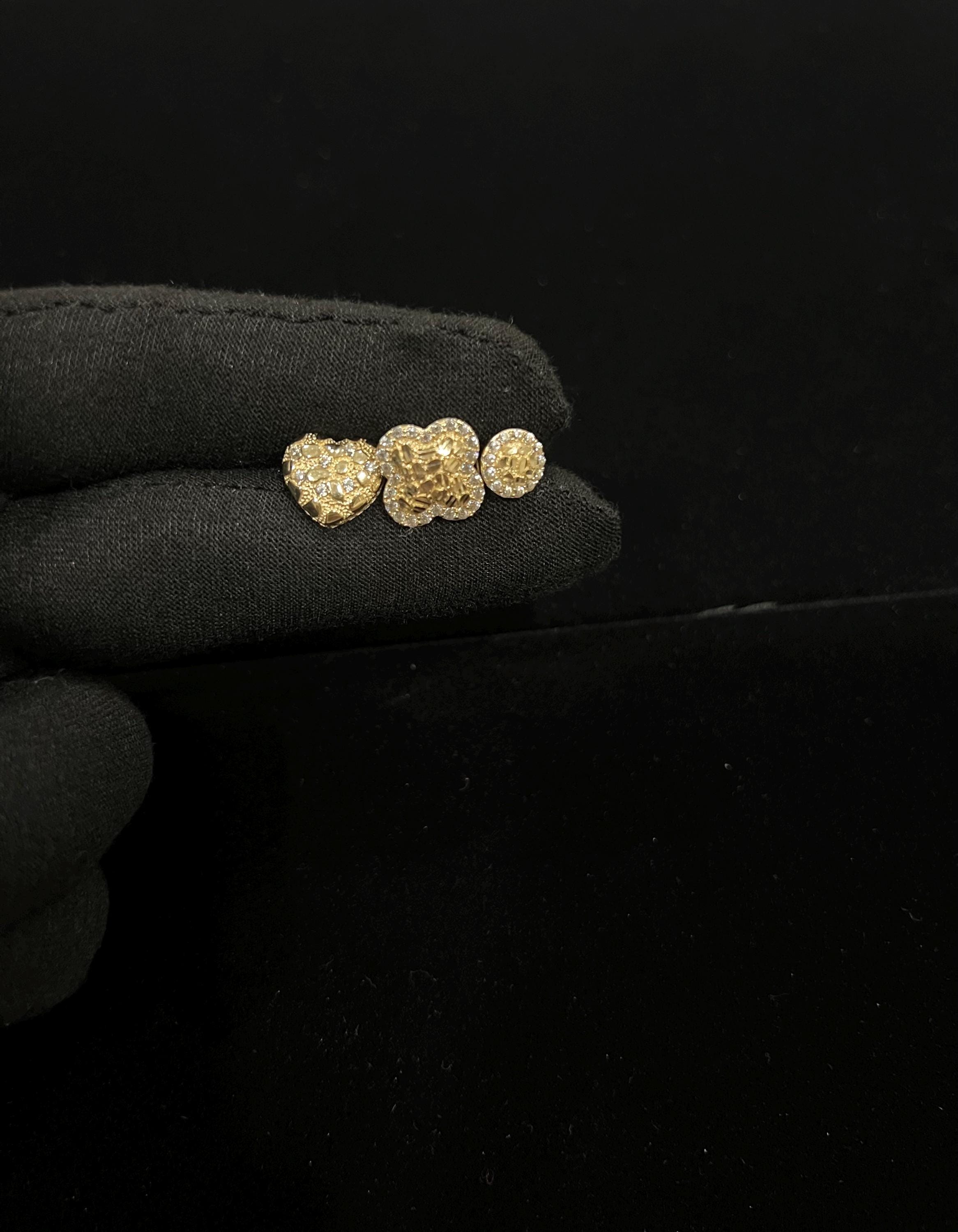 REAL SOLID 14K Yellow Gold nugget Heart, circle, and clover earrings push back style Womens and little girls