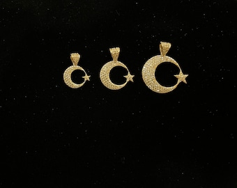 REAL 14K Iced Out Moon and Star Crescent Charm in small medium large in real 14kt yellow gold pendant