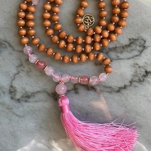 Rose Quartz and Wood Mala Bead Necklace