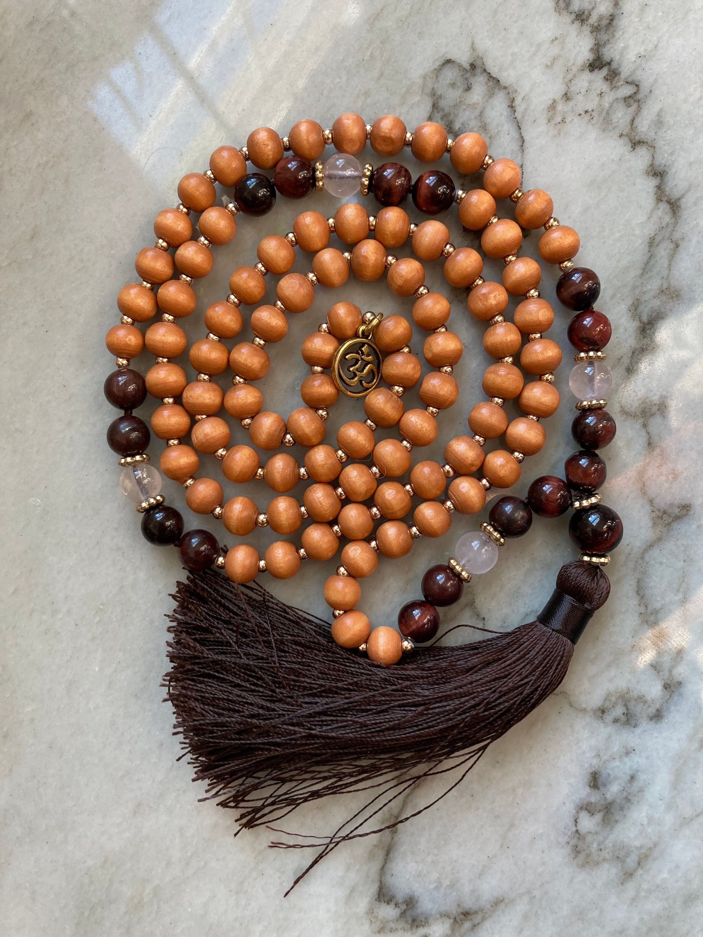 Brown Wood and Glass Mala Bead Necklace 