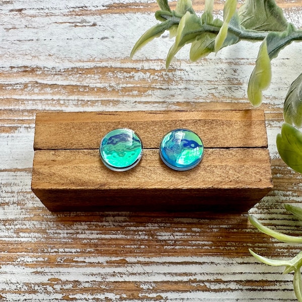 Blue Holographic Stud Earrings | Iridescent Earrings | Color Shifting | Unique Stud Earrings