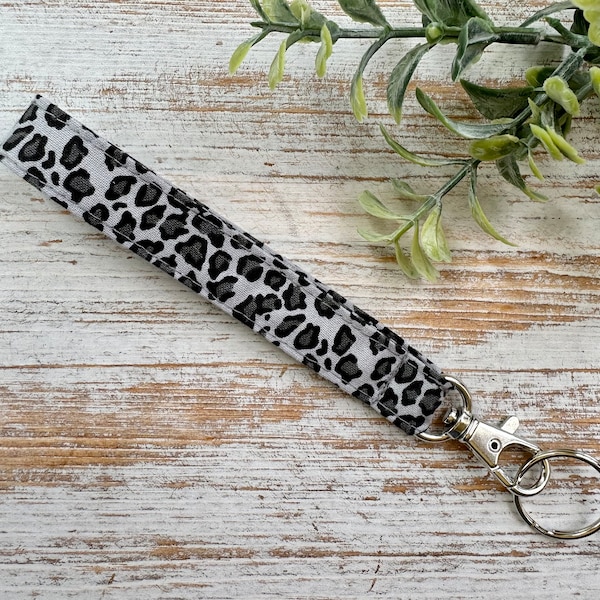 Leopard Fabric Keychain | Black and Grey Wristlet  | Leopard Print | Animal Print | Thin Wrist Lanyard