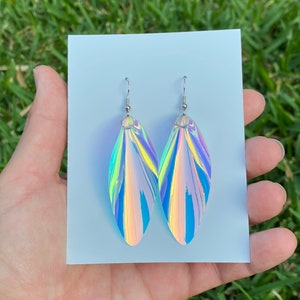 Iridescent Transparent Vinyl Earrings - Holographic Rainbow, Pinched Petal Leaf Teardrop, Aurora Borealis Statement Jewelry