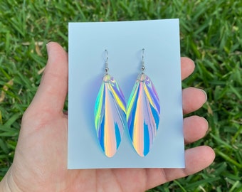 Iridescent Transparent Earrings, Iridescent Rainbow Pinched Leaf Earrings, Holographic Aurora Borealis Statement Earrings