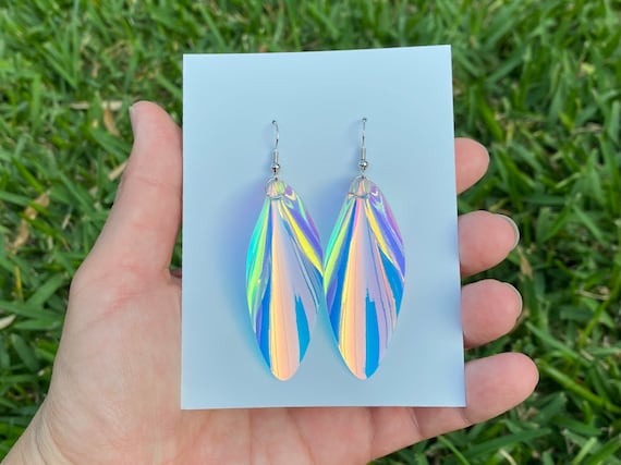 Iridescent Transparent Earrings, Iridescent Rainbow Pinched Leaf