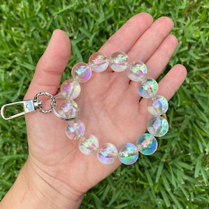 Iridescent Bead Keychain Wristlet - Chunky Acrylic Beaded Bracelet, Wrist Key Ring