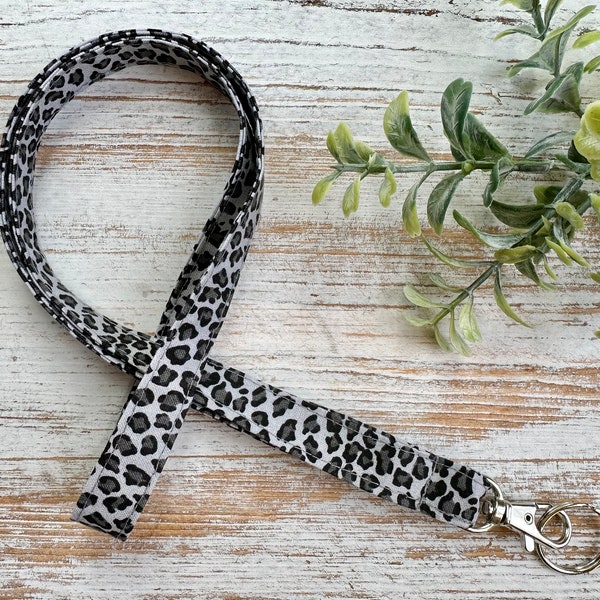 Leopard Fabric Lanyard | Black and Grey ID Badge Holder | Leopard Print | Teacher Lanyard | Nurse Lanyard | Animal Print | Thin Lanyard