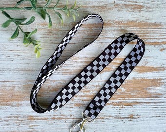 Checkered Lanyard | Purple and White | Black and White Check | Phone Lanyard | Trendy Teacher | Aesthetic Nurse | Student ID Badge Holder