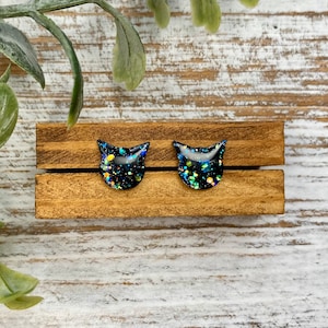 Black Cat Stud Earrings - Shrink Plastic, Resin and Glitter Jewelry