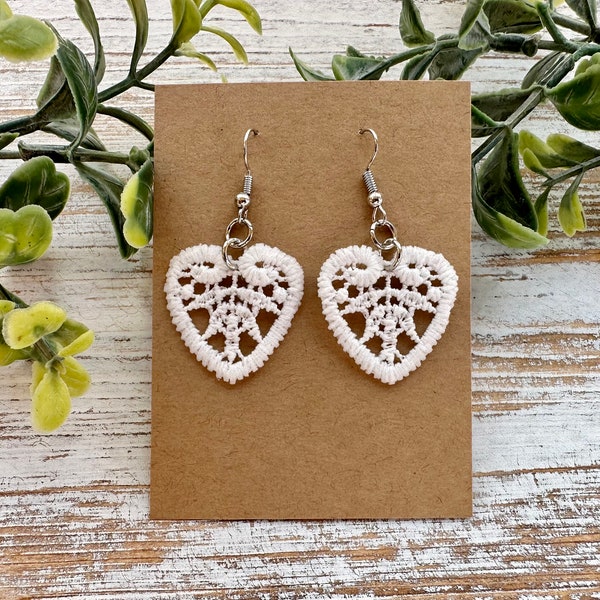 White Lace Earrings | Heart Shaped Earrings | Valentine’s Day | Bridal Earrings | Bridesmaid Gift