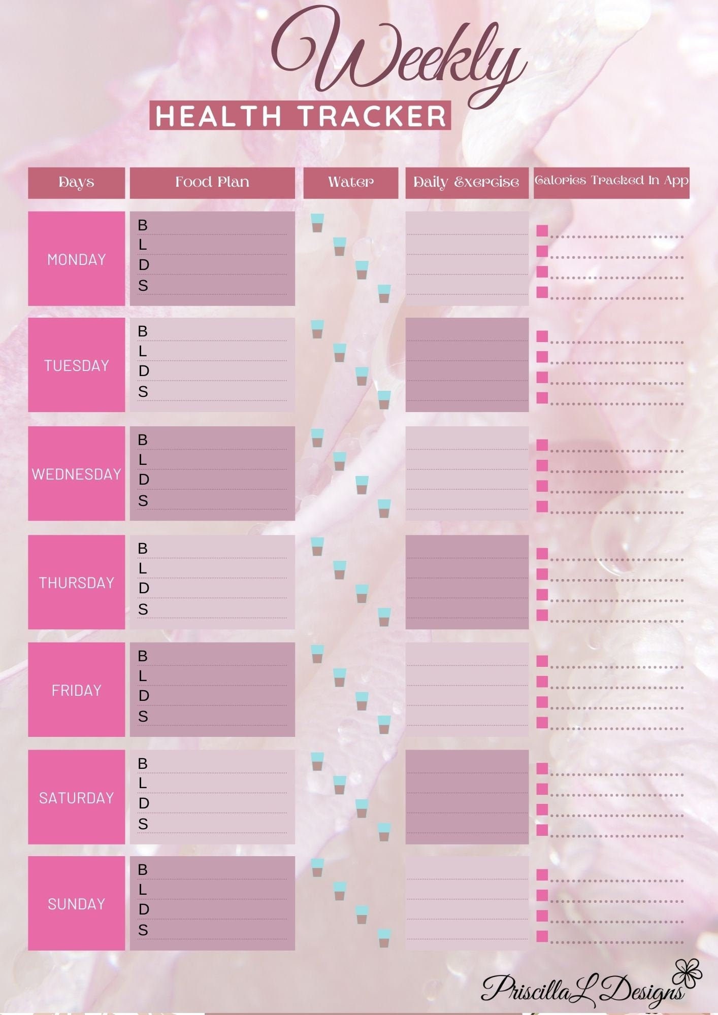 Printable Health Tracker Planner Page Rose Theme 1 Page | Etsy