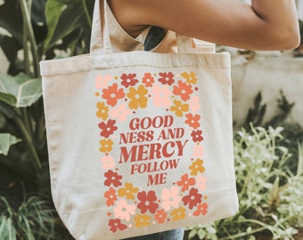 Floral "Goodness and Mercy" Cotton Canvas Tote Bag