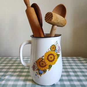 Enamel jug with sunflowers Vintage utensil holder kitchen