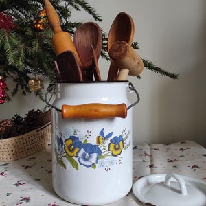 Vintage kitchen utensil holder Enamel bucket Rustic kitchen storage organization.