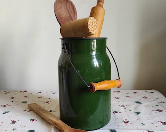 Green enamel milk can Rustic kitchen container storage Enamel canister