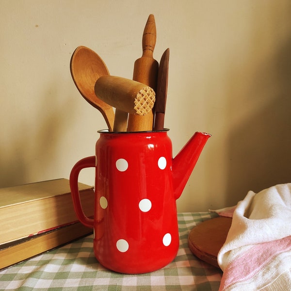 Red enamel kettle vintage Enamel teapot Rustic kitchen