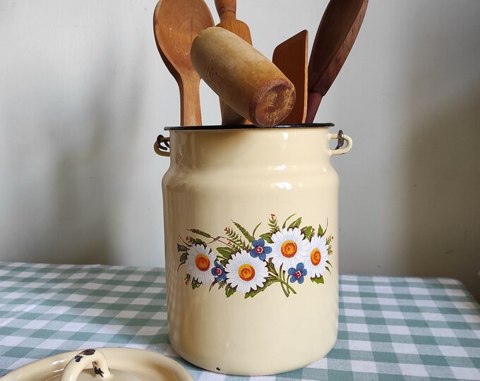 Vintage Enamel Utensils Holder Daisy Print Cottagecore Kitchenware - Etsy