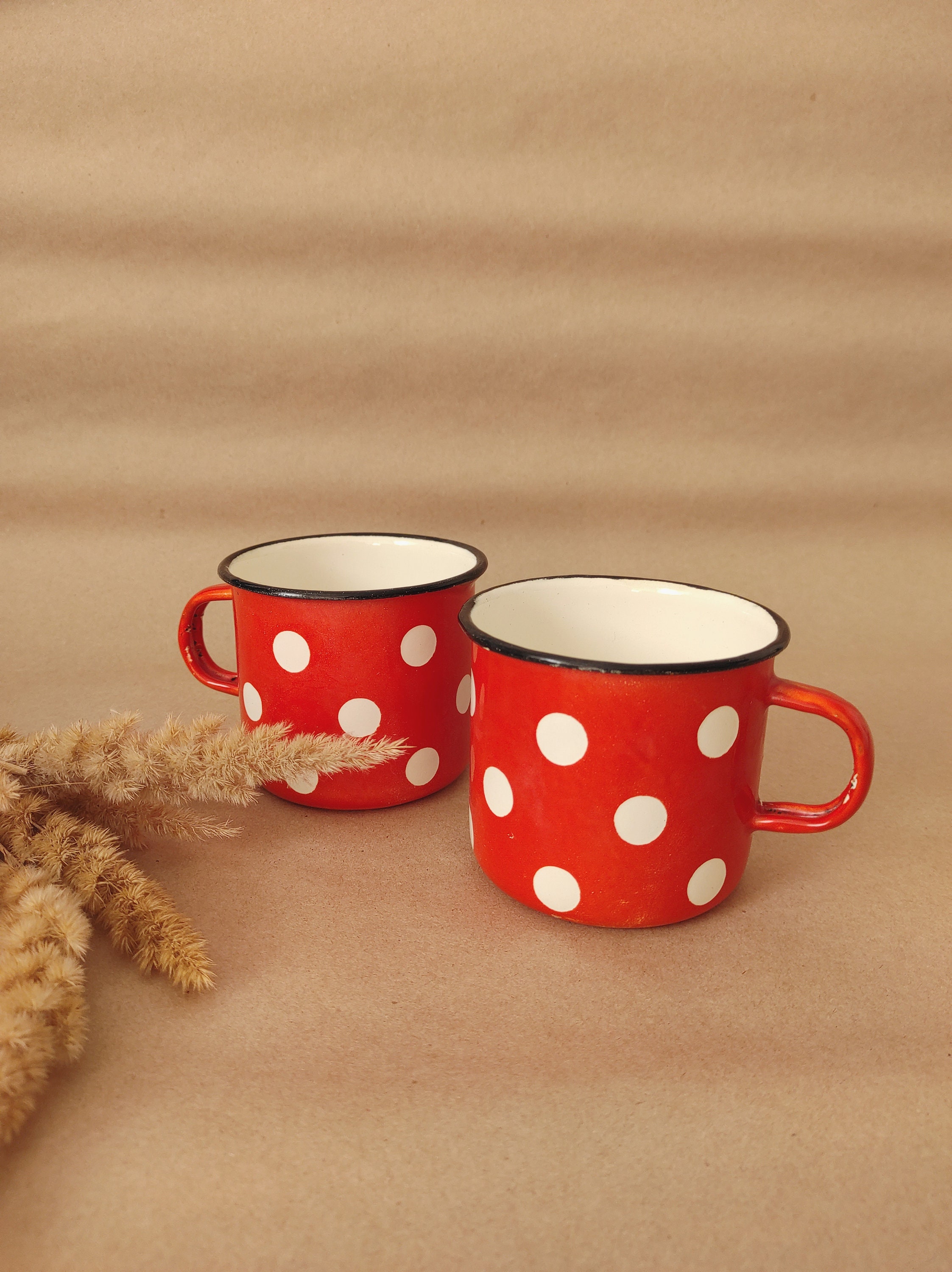 Red polka dot mug Tin cup Vintage enamel mug Set of 2 Etsy