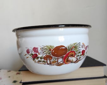 Vintage geëmailleerde steelpan Emaille lepel met paddenstoelenprint