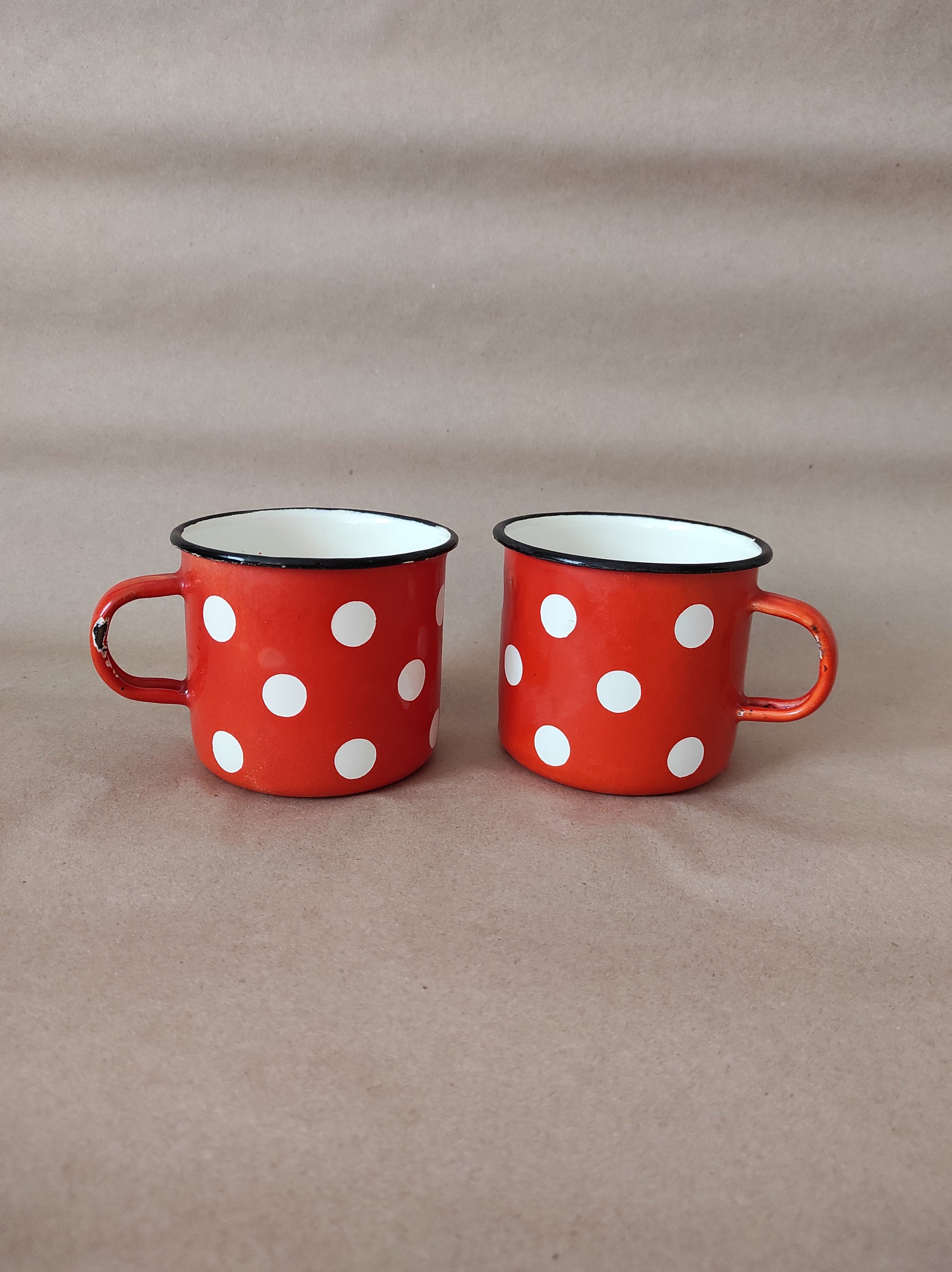 Red polka dot mug Tin cup Vintage enamel mug Set of 2 Etsy