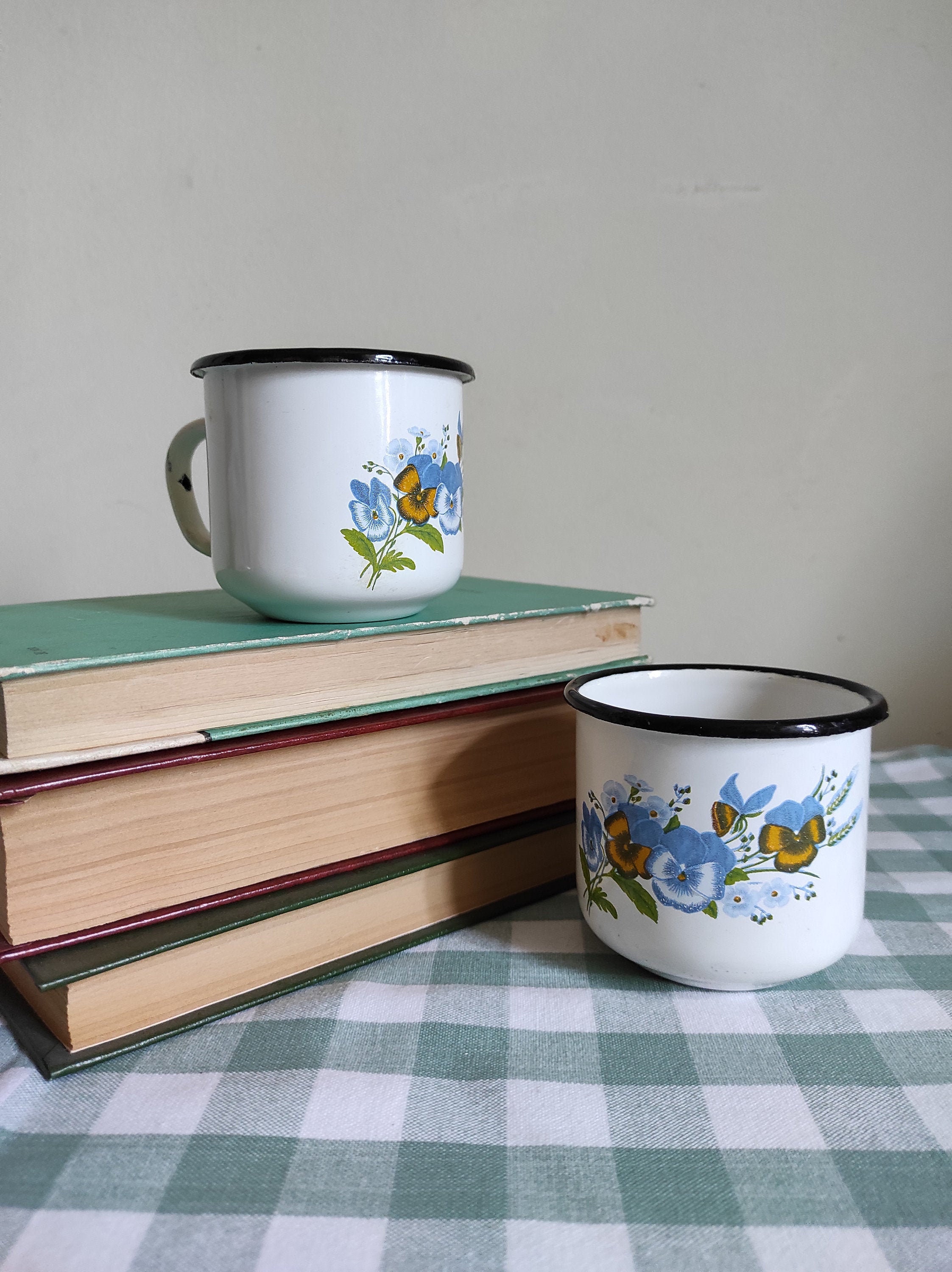 Enamel Mug Flowers Tin Cups Set of 2 