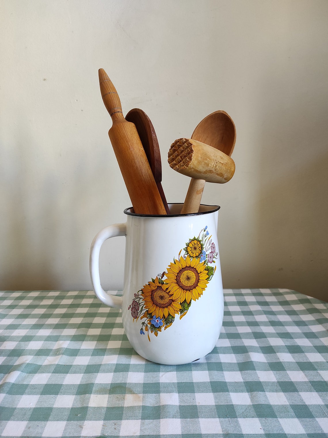 Vintage utensil holder Enamel jug Rustic kitchen storage Etsy