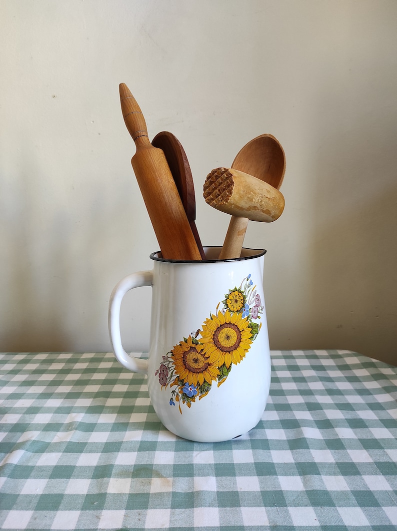 Vintage utensil holder Enamel jug Rustic kitchen storage Etsy