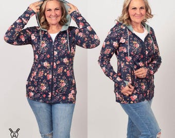 Full Zip Hoodie Everlee Scuba Floral | Lightweight Jacket with Thumbholes and Zipper Pockets
