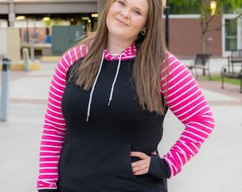 Pullover Hoodie Roxy Black | Pink & White Stripes | Lightweight Jacket with Thumbholes