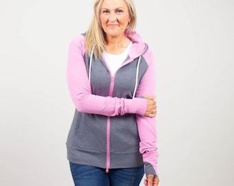 Full Zip Hoodie Jordan Grey & Pink | Medium Weight Jacket with Thumbholes