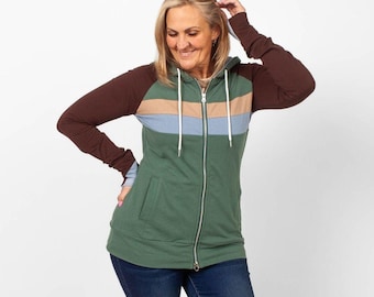 Full Zip Hoodie Bailey Earthtone Color Block | Lightweight Jacket with Thumbholes