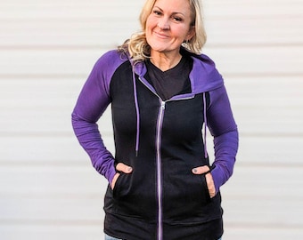 Full Zip Hoodie Raven Black & Purple | Medium Weight Jacket with Thumbholes