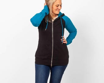 Full Zip Hoodie Brooklyn Teal & Black | Medium weight Jacket with Thumbholes and Watch Cuff