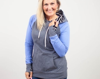 Pullover Hoodie Jamie Blue & Grey | Lightweight Jacket with Thumbholes