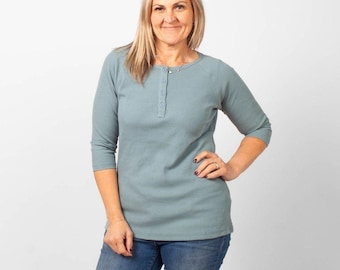 Ribbed 3/4 Sleeve Dusty Blue Shirt | Henley Button Top | BeYou Essentials
