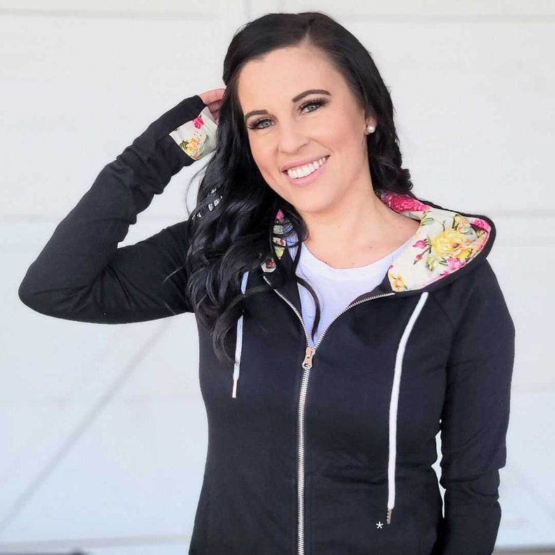 Lexi Black Floral Women's Full Zip Hoodie, Black Floral Womens Hoodie